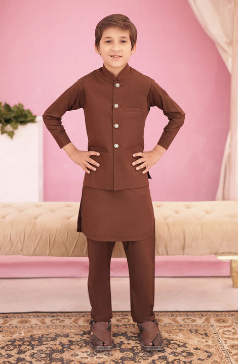 Eid Edit 3 Pcs 2024 By Hassan Jee EW 01 Maple Brown Waistcoat Suit