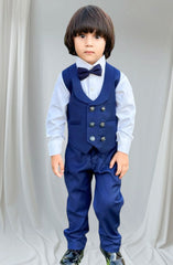 Exclusive Coat Pant Suit Collection By Hassan D-CPW 006 4pcs Blue suit (Waistcoat+Pant+Shirt+Bow)