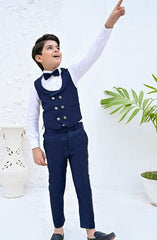 Exclusive Coat Pant Suit Collection By Hassan D-CPW 006 4pcs Blue suit (Waistcoat+Pant+Shirt+Bow)