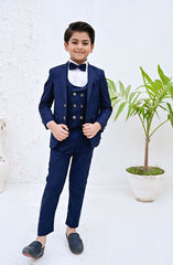 Exclusive Coat Pant Suit Collection By Hassan D-CPS 002 5pcs Blue suit (Coat+Waistcoat+Pant+Shirt+Bow)