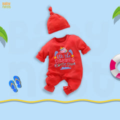 Jumpsuit By Baby Nest Baby Jumpsuit With Cap – Let The Dreams Come True – Red