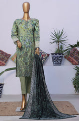 HZ Printkari RTW Printed Embroidered 3 PC Collection D-802 OLIVE GREEN