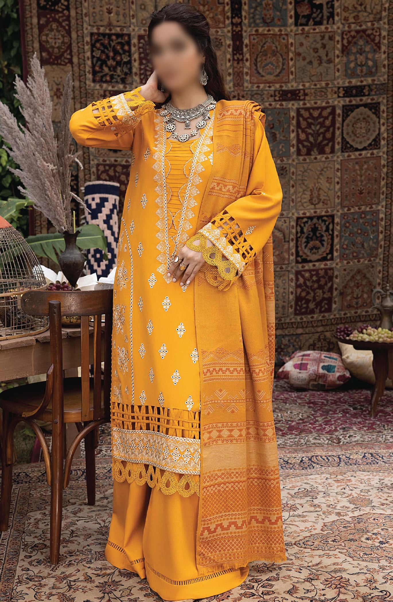 Pakistani salwar kameez winter arrival deals cotton woolen by humdum embroidered mustard dark dress made on custom order