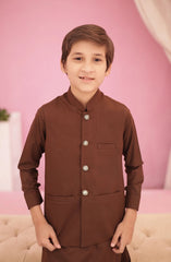 Eid Edit 3 Pcs 2024 By Hassan Jee EW 01 Maple Brown Waistcoat Suit