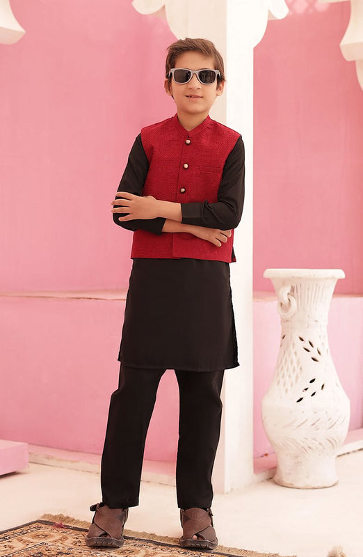 Eid Edit 3 Pcs 2024 By Hassan Jee EW 09 Red Waistcoat Suit