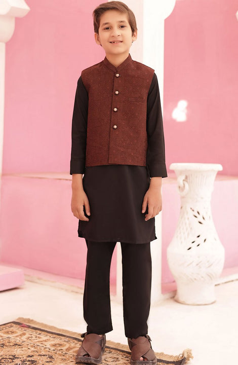 Eid Edit 3 Pcs 2024 By Hassan Jee EW 10  Coffee Brown Waistcoat Suit