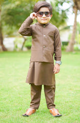 Exclusive 3 Pc Waist Coat Kurta Trouser Collection By Hassan Jee D-EW25 Tortilla Brown