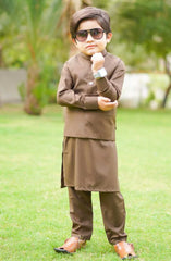 Exclusive 3 Pc Waist Coat Kurta Trouser Collection By Hassan Jee D-EW25 Tortilla Brown