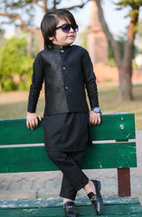 Exclusive 3 Pc Waist Coat Kurta Trouser Collection By Hassan Jee D-EW28 Black Embroidered