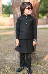 Exclusive 3 Pc Waist Coat Kurta Trouser Collection By Hassan Jee D-EW29 Plain Black