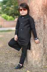 Exclusive 3 Pc Waist Coat Kurta Trouser Collection By Hassan Jee D-EW29 Plain Black