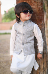 Exclusive 3 Pc Waist Coat Kurta Trouser Collection By Hassan Jee D-EW31 Grey