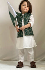 Exclusive 14th August Collection By Hassan Jee Green Embroidered Waistcoat Suit D-V14