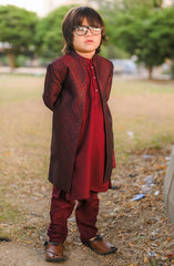 Exclusive Sherwani Collection By Hassan Jee D-S12 Maroon Open Long Sherwani