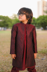 Exclusive Sherwani Collection By Hassan Jee D-S12 Maroon Open Long Sherwani