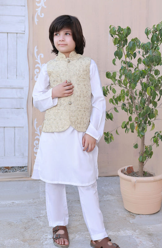 Exclusive WasitCoat with Shalwar Kameez Collection By Hassan Jee D-24 Off White Embroidered Waistcoat Suit