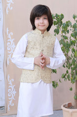 Exclusive WasitCoat with Shalwar Kameez Collection By Hassan Jee D-24 Off White Embroidered Waistcoat Suit