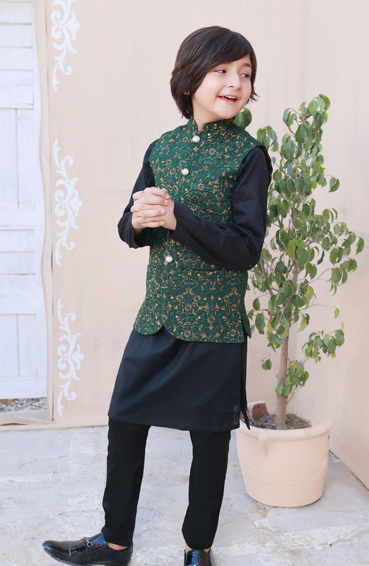 Exclusive WasitCoat with Shalwar Kameez Collection By Hassan Jee D-25 Leaf Green Embroidered Waistcoat Suit