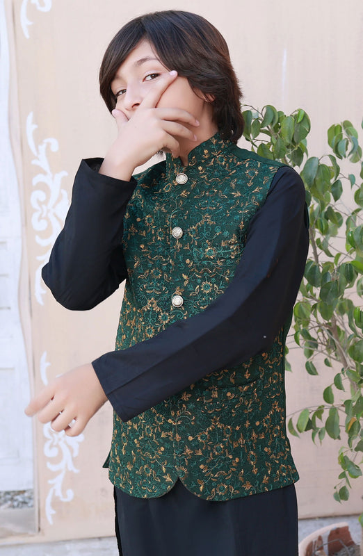 Exclusive WasitCoat with Shalwar Kameez Collection By Hassan Jee D-25 Leaf Green Embroidered Waistcoat Suit