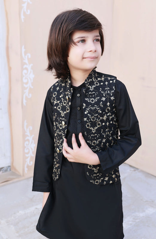 Exclusive WasitCoat with Shalwar Kameez Collection By Hassan Jee D-26 Black Embroidered Waistcoat Suit