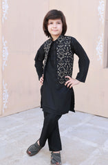 Exclusive WasitCoat with Shalwar Kameez Collection By Hassan Jee D-26 Black Embroidered Waistcoat Suit