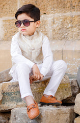 Exclusive WasitCoat with Kurta Trouser Collection By Hassan Jee D-015 Off White Waistcoat Suit