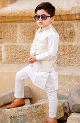 Exclusive WasitCoat with Kurta Trouser Collection By Hassan Jee D-015 Off White Waistcoat Suit