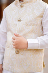 Exclusive WasitCoat with Kurta Trouser Collection By Hassan Jee D-015 Off White Waistcoat Suit