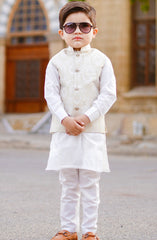 Exclusive WasitCoat with Kurta Trouser Collection By Hassan Jee D-015 Off White Waistcoat Suit