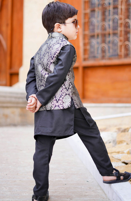 Exclusive WasitCoat with Kurta Trouser Collection By Hassan Jee D-016 Black Waistcoat Suit