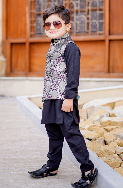 Exclusive WasitCoat with Kurta Trouser Collection By Hassan Jee D-016 Black Waistcoat Suit