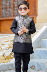 Exclusive WasitCoat with Kurta Trouser Collection By Hassan Jee D-016 Black Waistcoat Suit