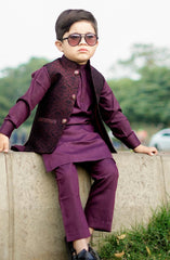 Exclusive WasitCoat with Kurta Trouser Collection By Hassan Jee D-017 Maroon Waistcoat Suit