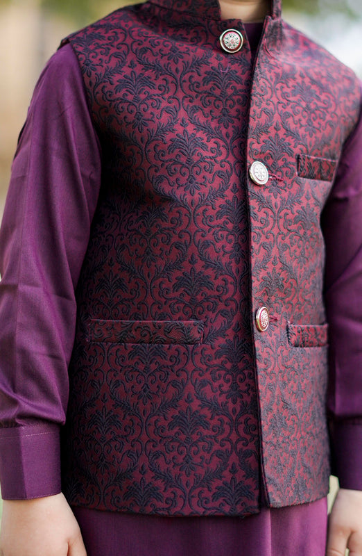 Exclusive WasitCoat with Kurta Trouser Collection By Hassan Jee D-017 Maroon Waistcoat Suit