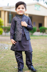 Exclusive WasitCoat with Kurta Trouser Collection By Hassan Jee D-018 Grey Waistcoat Suit