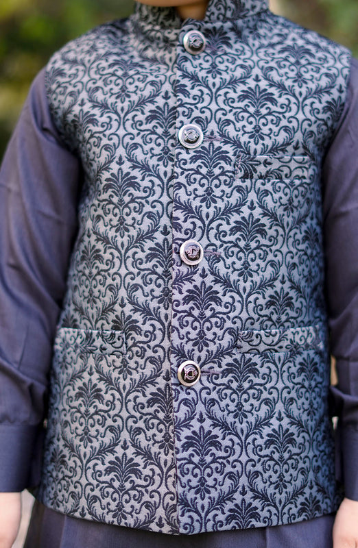 Exclusive WasitCoat with Kurta Trouser Collection By Hassan Jee D-018 Grey Waistcoat Suit