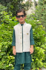 Exclusive 14th August Collection By Hassan Jee White And Green Waistcoat Suit  D-WG14