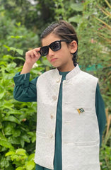 Exclusive 14th August Collection By Hassan Jee White And Green Waistcoat Suit  D-WG14