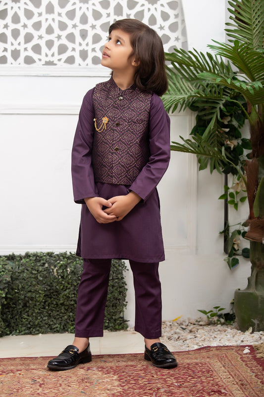 Exclusive Kids 3 Pc Waist Coat Shalwar Kameez Collection for Boys WDS 002 - Purple Waistcoat Suit