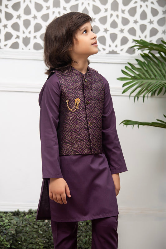Exclusive Kids 3 Pc Waist Coat Shalwar Kameez Collection for Boys WDS 002 - Purple Waistcoat Suit