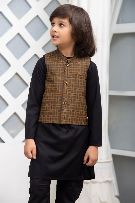Exclusive Kids 3 Pc Waist Coat Shalwar Kameez Collection for Boys WDS 003 - Black & Mustard Waistcoat Suit