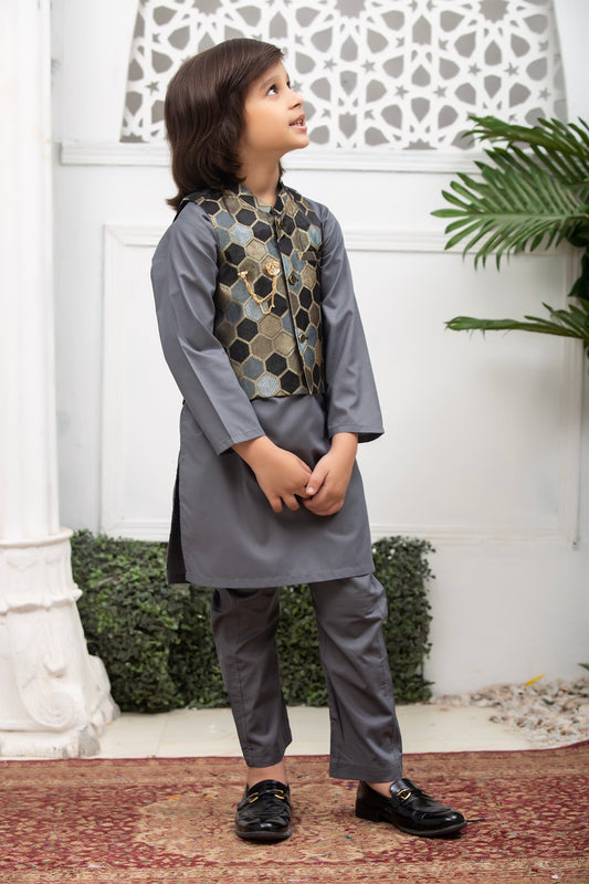 Exclusive Kids 3 Pc Waist Coat Shalwar Kameez Collection for Boys WDS 005 - Grey Waistcoat Suit