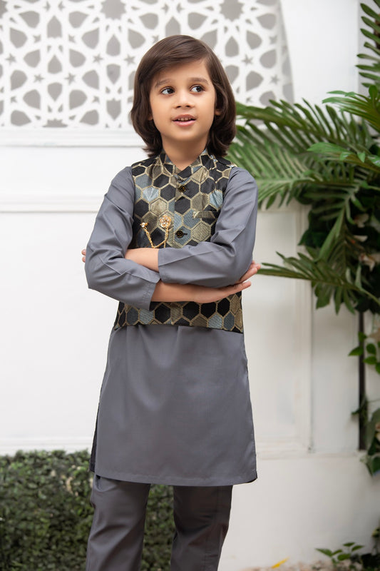 Exclusive Kids 3 Pc Waist Coat Shalwar Kameez Collection for Boys WDS 005 - Grey Waistcoat Suit