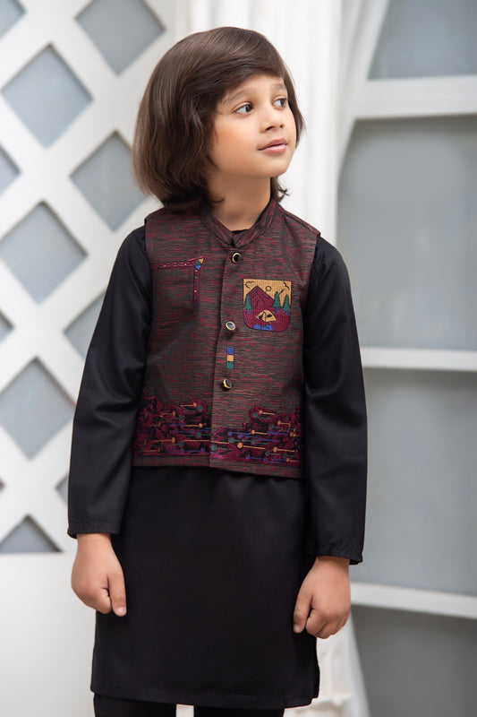 Exclusive Kids 3 Pc Waist Coat Shalwar Kameez Collection for Boys WDS 006 - Embroidered Waistcoat Suit