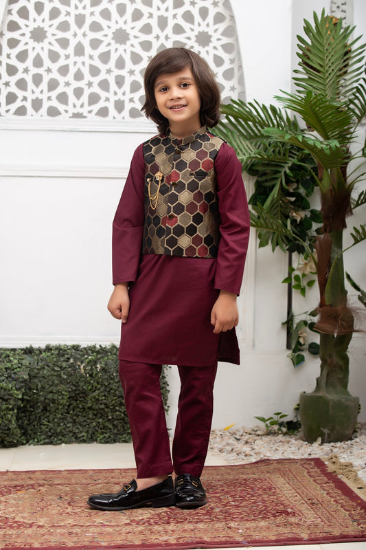 Exclusive Kids 3 Pc Waist Coat Shalwar Kameez Collection for Boys WDS 007 - Red Waistcoat Suit