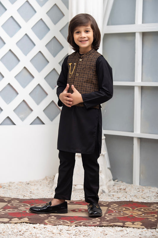 Exclusive Kids 3 Pc Waist Coat Shalwar Kameez Collection for Boys WDS 009 - Black & Brown Waistcoat Suit