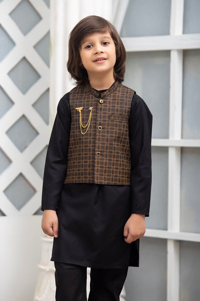 Exclusive Kids 3 Pc Waist Coat Shalwar Kameez Collection for Boys WDS 009 - Black & Brown Waistcoat Suit