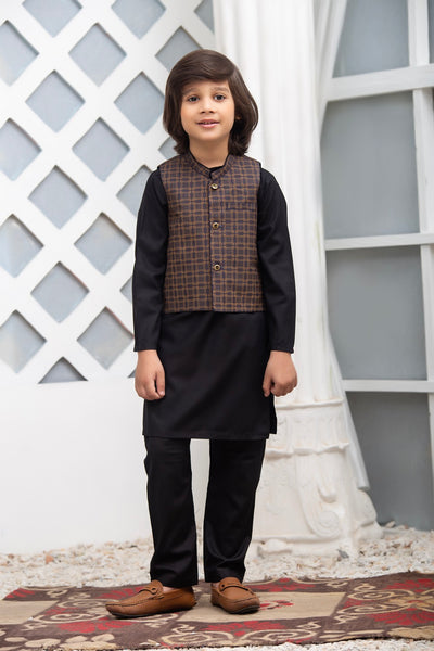 Exclusive Kids 3 Pc Waist Coat Shalwar Kameez Collection for Boys WDS 12 - Blue & Brown Waistcoat Suit